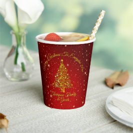 Frohe Weihnachten 20XX Red Gold Tree Stars 8oz Pappbecher