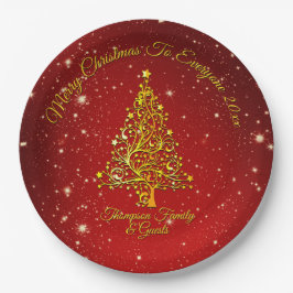 Frohe Weihnachten 20XX Red Gold Tree Stars 9" Pappteller