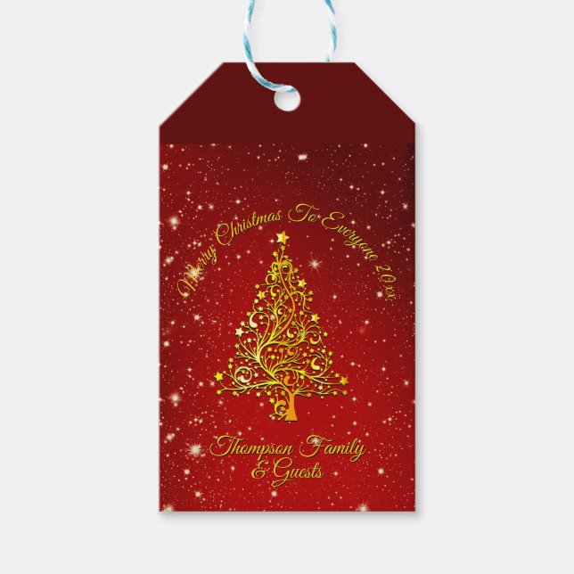 Frohe Weihnachten 20XX Red Gold Tree Stars Geschenkanhänger (Vorderseite)