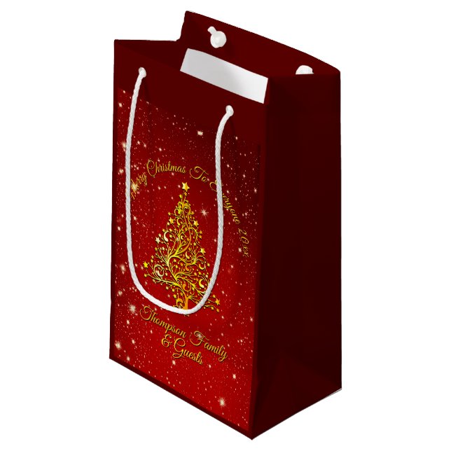 Frohe Weihnachten 20XX Red Gold Tree Stars Kleine Geschenktüte (Vorderseite Schrägansicht)