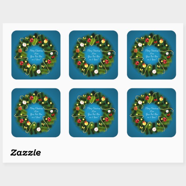 Frohe Weihnachten 20XX Text Grün Wreath Blau hinzu Quadratischer Aufkleber (Blatt)