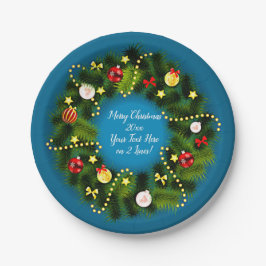 Frohe Weihnachten 20XX Text Grün Wreath Blue 7" Pappteller