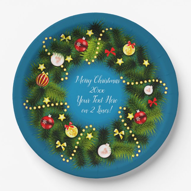 Frohe Weihnachten 20XX Text Grün Wreath Blue 9" Pappteller (Vorderseite)