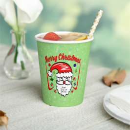 Frohe Weihnachten 20xx Weihnachtsmann mit Hut und  Pappbecher