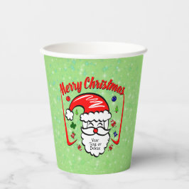 Frohe Weihnachten 20xx Weihnachtsmann mit Hut und  Pappbecher