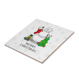 Frohe Weihnachten 2 Bäume Strumpf Snowman Fliese
