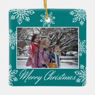 Frohe Weihnachten 2 Foto Aquamarine und weiße Schn Keramikornament