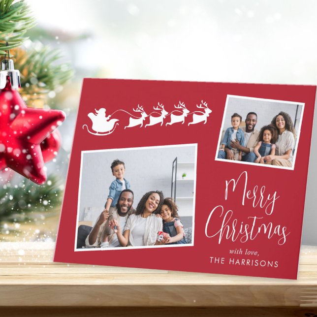 Frohe Weihnachten 2 Foto Santas Sleigh Red (Share the love and warmth of the holiday season with this personalized photo Christmas card)