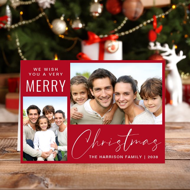 Frohe Weihnachten 2 Foto Script Red (This holiday season, let your family's smiles and heartwarming memories shine on our 2 photo card)