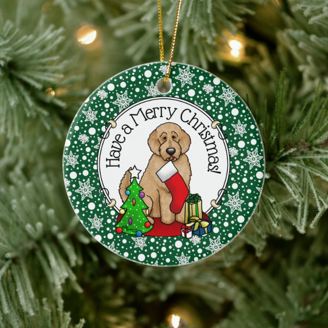 Frohe Weihnachten 2 Goldendoodle (goldrot) Niedlic Keramik Ornament (Baum)