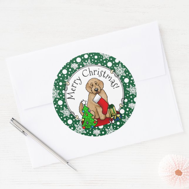Frohe Weihnachten 2 Goldendoodle (goldrot) Niedlic Runder Aufkleber (Umschlag)