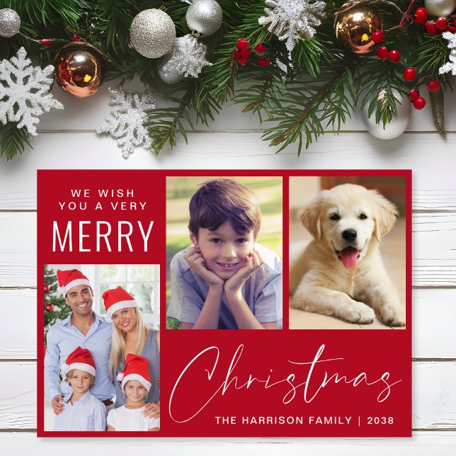 Frohe Weihnachten 3 Foto Script Red (This holiday season, let your family's smiles and heartwarming memories shine on our 3 photo card)