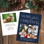 Frohe Weihnachten 4 Foto Blue<br><div class="desc">Elegante blaue Urlaubspostkarte mit "Fröhlicher Weihnachten" in Vintager Typografie,  "Happy New Year" und einem Gruß in moderner Weißtypografie,  drei Ihrer Lieblings-Fotos und Ihrem Namen. Auf der Rückseite,  fügen Sie ein 4. Foto und personalisieren Sie Ihre saisonale Botschaft an Familie und Freunde.</div>