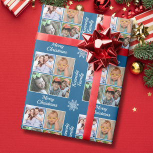 Frohe Weihnachten 4 Foto-Collage Familienname Blau Geschenkpapier