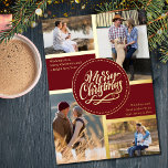 Frohe Weihnachten 4 Foto Collage Rot und Gold Folien Feiertagskarte<br><div class="desc">Personalisieren Sie diese vergoldete Weihnachtskarte mit vier Ihrer Lieblings-Fotos. Die Vorlage ist Set für Sie bereit, um Ihre vier Fotos und, es hat auch zwei Abschnitte für Ihre Grüße und Ihre Namen. Die Mitte der Karte hat die Formulierung "Frohe Weihnachten" in einer traditionellen Farbpalette von Rot und Gold. Ihre Bilder...</div>
