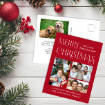 Frohe Weihnachten 4 Foto Red<br><div class="desc">Elegante,  rote Weihnachtspostkarte mit "Frohe Weihnachten" in Vintager,  weißer Typografie,  "Happy New Year" und einem Gruß in moderner Weißtypografie,  drei Ihrer Lieblings-Fotos und Ihren Namen. Auf der Rückseite,  fügen Sie ein 4. Foto und personalisieren Sie Ihre saisonale Botschaft an Familie und Freunde.</div>