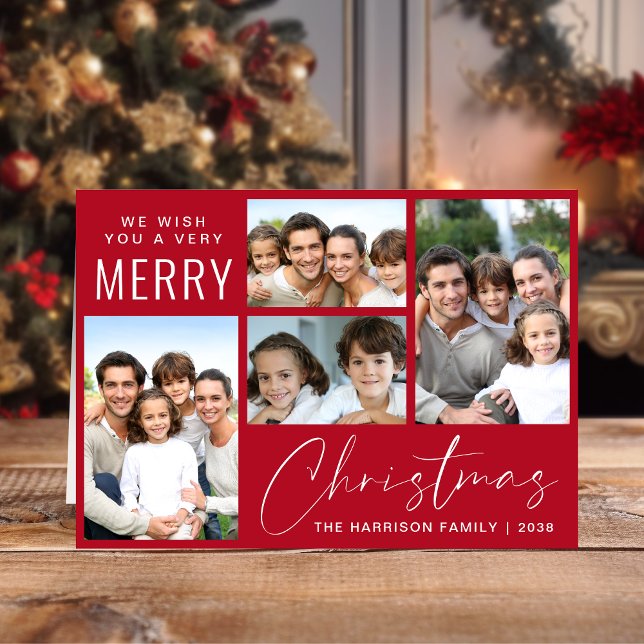 Frohe Weihnachten 4 Foto Script Red (This holiday season, let your family's smiles and heartwarming memories shine on our 4 photo card)