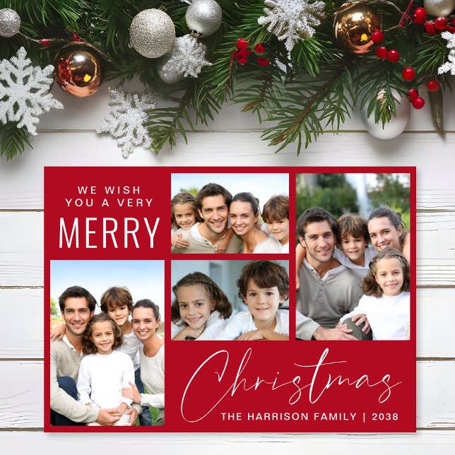 Frohe Weihnachten 4 Foto Script Red (This holiday season, let your family's smiles and heartwarming memories shine on our 4 photo card)