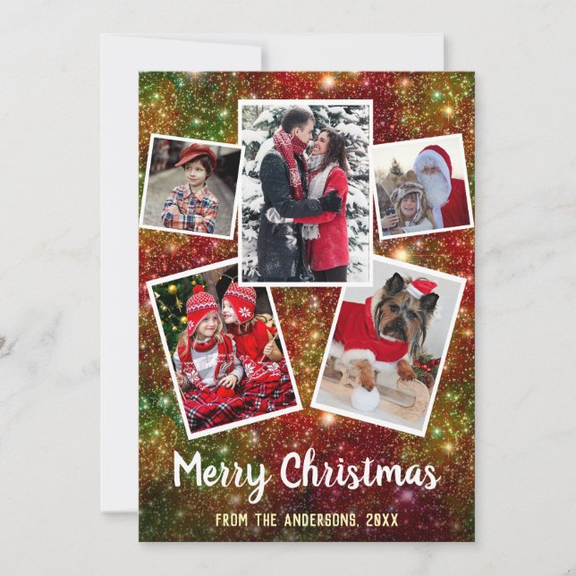 Frohe Weihnachten 5-Familie Foto Collage | Glitzer (Vorderseite)