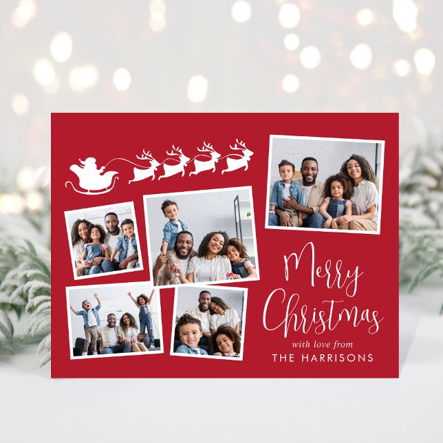 Frohe Weihnachten 5 Foto Collage Santa Sleigh (This holiday season, let your family's smiles & heartwarming memories shine on our 5 photo postcard)