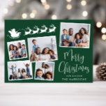 Frohe Weihnachten 5 Foto Santa Sleigh Green<br><div class="desc">Feierliche,  grüne Urlaubskarte mit einer 5-Foto-Collage verstreuter Bilder in weißen Rahmen,  einer Silhouette von Rentieren,  die den Schlitten des Weihnachtsmanns fliegen,  "Frohe Weihnachten" in einem stilvollen weißen Drehbuch und Ihrem Namen in der modernen weißen Typografie.</div>