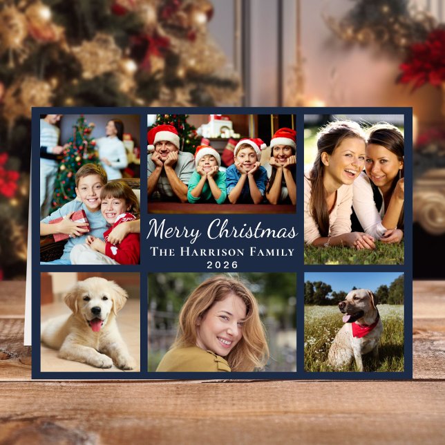 Frohe Weihnachten 6 Foto Collage Blue (This holiday season, let your family's smiles and heartwarming memories shine on our 6 photo card)