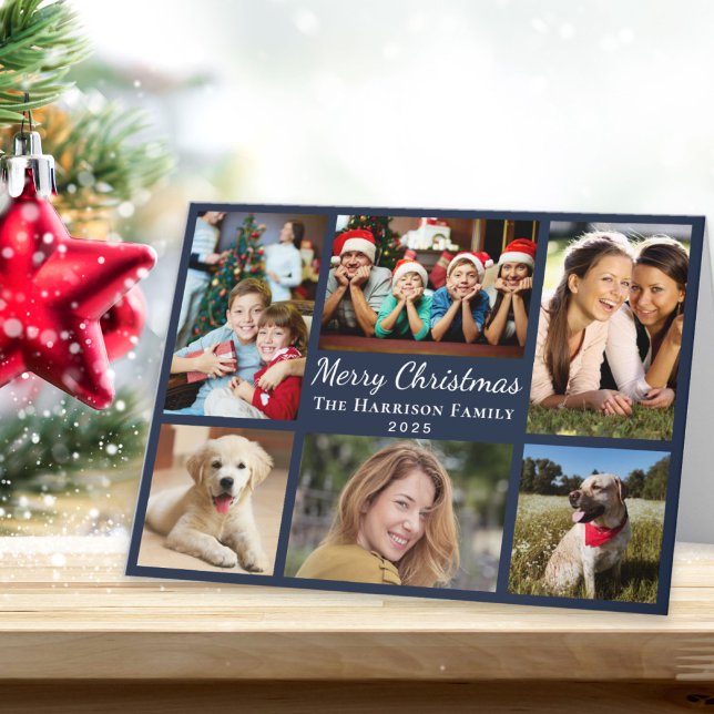 Frohe Weihnachten 6 Foto Collage Blue (This holiday season, let your family's smiles and heartwarming memories shine on our 6 photo card)