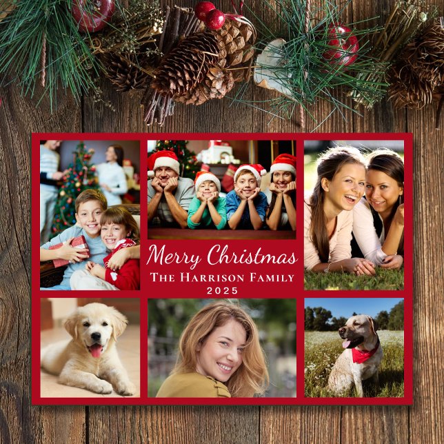 Frohe Weihnachten 6 Foto Collage Red (This holiday season, let your family's smiles and heartwarming memories shine on our 6 photo card)
