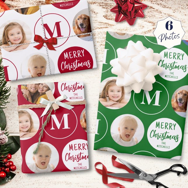 Frohe Weihnachten 6 Fotos Monogram Red Green Geschenkpapier Set (Von Creator hochgeladen)