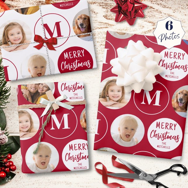 Frohe Weihnachten 6 Fotos Monogram Red White Geschenkpapier Set (Von Creator hochgeladen)