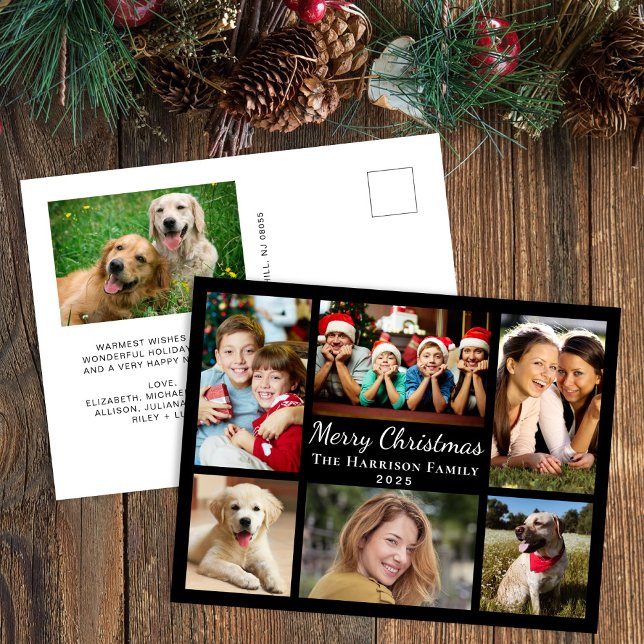 Frohe Weihnachten 7 Foto Collage Black (Share the love and warmth of the season with your personalized photo Christmas postcard)