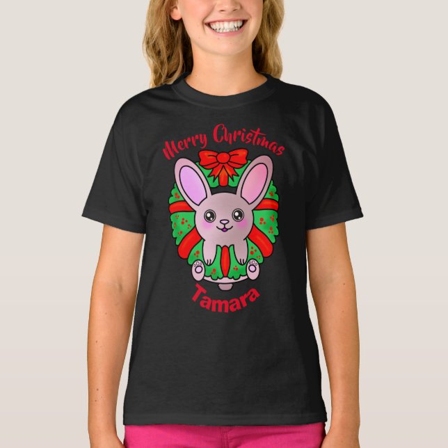 Frohe Weihnachten Adorable Baby Bunny in Wreath T-Shirt (Vorderseite)