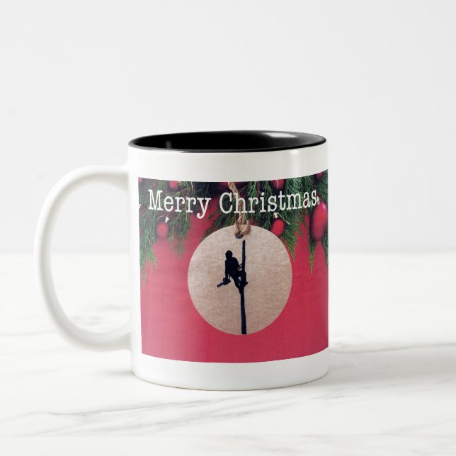 Frohe Weihnachten an Arborist und Baumchirurgen. Zweifarbige Tasse (Links)