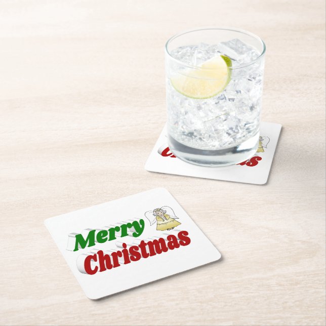 Frohe Weihnachten Angel rot grüne Typografie Rechteckiger Pappuntersetzer (Vor Ort)