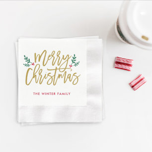 Frohe Weihnachten Antik-Gold-Schrift Familienname Serviette