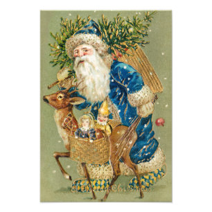 Frohe Weihnachten, Antike Karte, Santa und Rentier Fotodruck