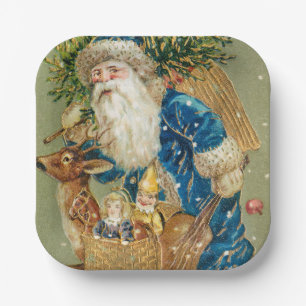 Frohe Weihnachten, Antike Karte, Santa und Rentier Pappteller