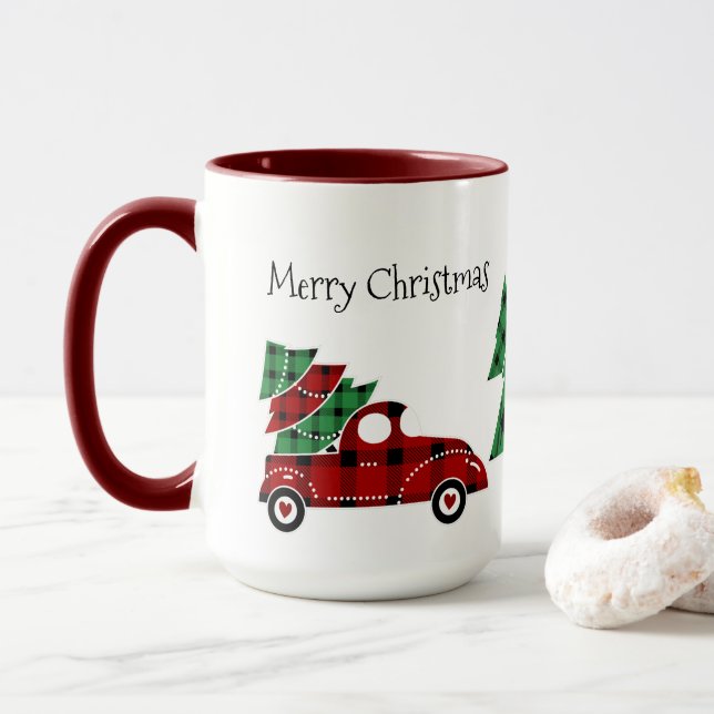 Frohe Weihnachten Antique Red Truck Tasse (Mit Donut)