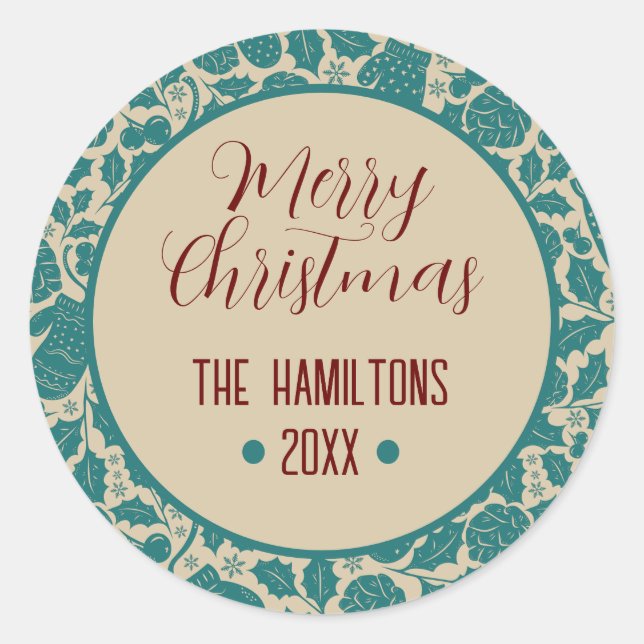 Frohe Weihnachten Aquamarin floral Custom Familien Runder Aufkleber (Vorderseite)