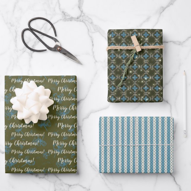 Frohe Weihnachten Aquamarin Grün Vintag Geschenkpapier Set (Vorderseite)
