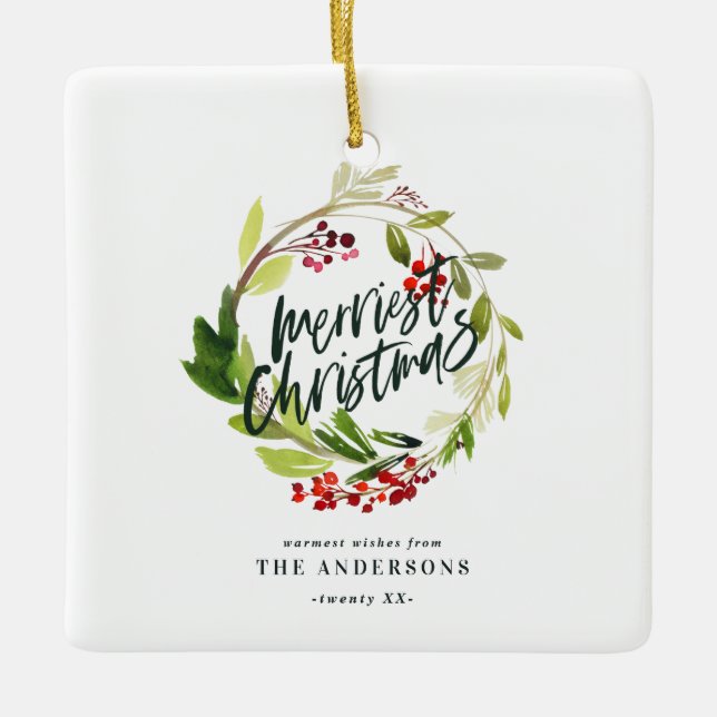 Frohe Weihnachten Aquarell Rote Beerenblätterung Keramikornament (Vorderseite)