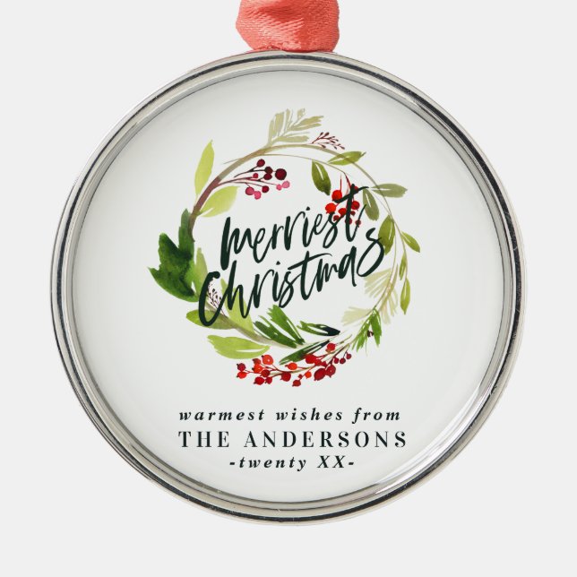 Frohe Weihnachten Aquarell Rote Beerenblätterung Ornament Aus Metall (Vorne)