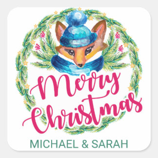 Frohe Weihnachten | Aquarell Winter Fox Quadratischer Aufkleber