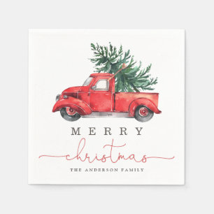 Frohe Weihnachten / Aquareller Roter LKW & Pine Tr Serviette