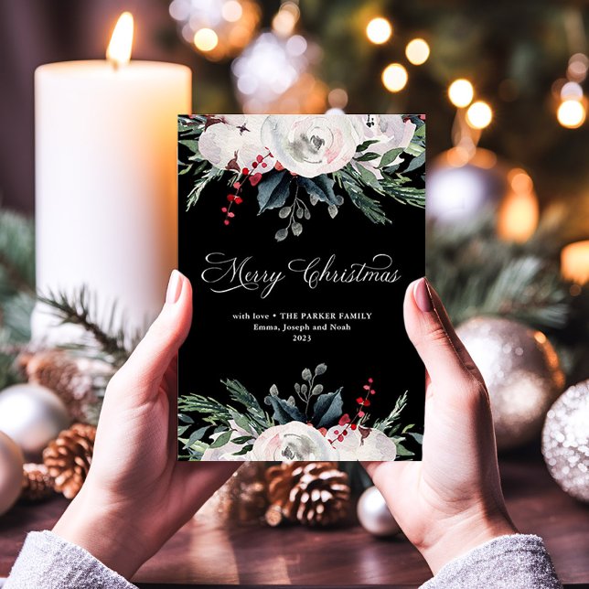 Frohe Weihnachten | Aquarellfarbene Blume auf schw (A stunning and elegant Christmas card with traditional holiday flowers on a black background)