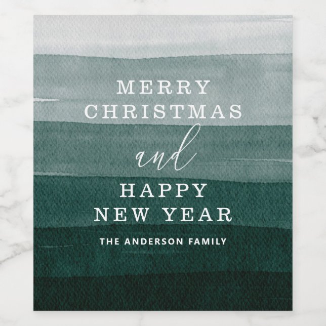 Frohe Weihnachten. Aquarellgrüne Streifen ombre Weinetikett (Einzelnes Label)