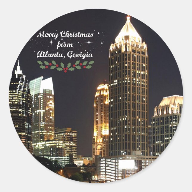 "Frohe Weihnachten", Atlanta, Georgia Skyline Runder Aufkleber (Vorderseite)