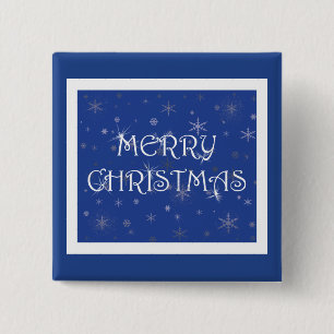 Frohe Weihnachten auf Blau mit Schneeflocken Button