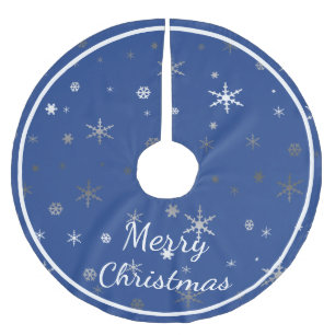 Frohe Weihnachten auf Blau mit Schneeflocken Polyester Weihnachtsbaumdecke