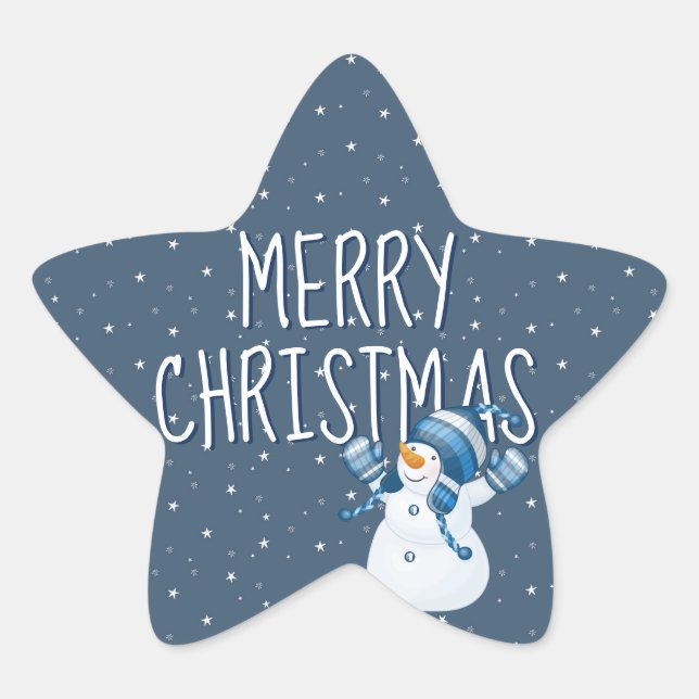 Frohe Weihnachten auf Sternen und Schneemann Stern-Aufkleber (Vorderseite)